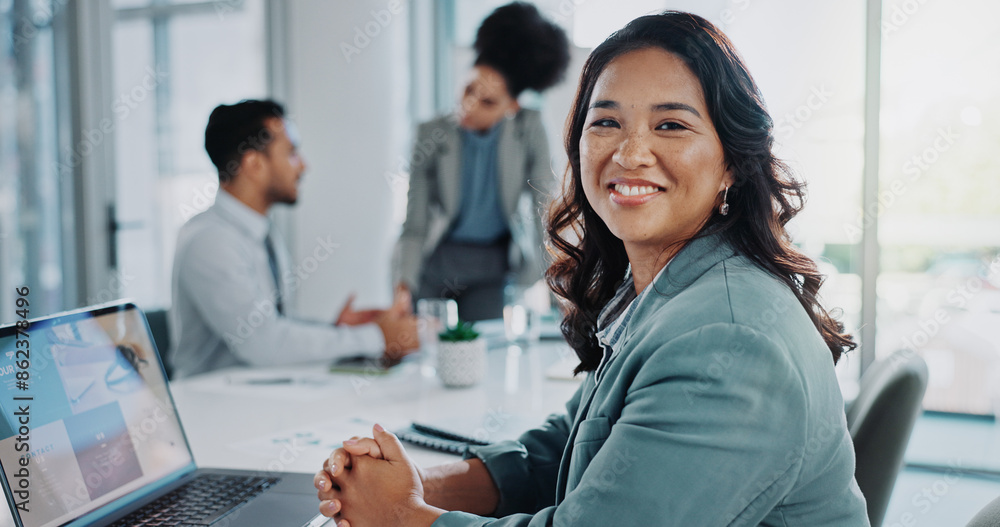 Obraz premium Happy woman, portrait and laptop with team for company research, about us or collaboration at office. Female person or employee with smile on computer for business growth or project at workplace