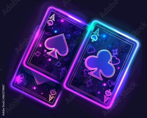 Neon glowing playing card symbols in a row on a dark background photo