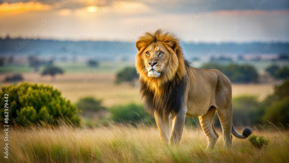 Lion in Savanna Blur: A majestic lion standing in the savanna, with a blurred background of grasslands and trees.
Lion in Savanna Blur: A majestic lion standing in the savanna, with a blurred background of grasslands and trees.