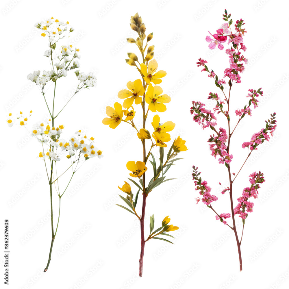 Charming Sprigs Collection: Yellow Berberis Thunbergii, Pink Chamelaucium, and White Gypsophila - Isolated on transparent background, png file Charming Sprigs Collection: Yellow Berberis Thunbergii, Pink Chamelaucium, and White Gypsophila - Isolated on transparent background, png file