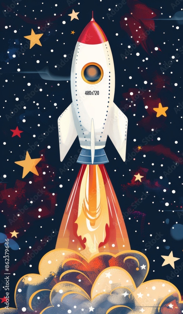 Cartoon rocket soaring into starry sky with vibrant colors and flames Cartoon rocket soaring into starry sky with vibrant colors and flames