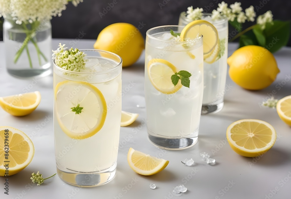 A tempting glass of sparkling lemonade with elderflower A tempting glass of sparkling lemonade with elderflower