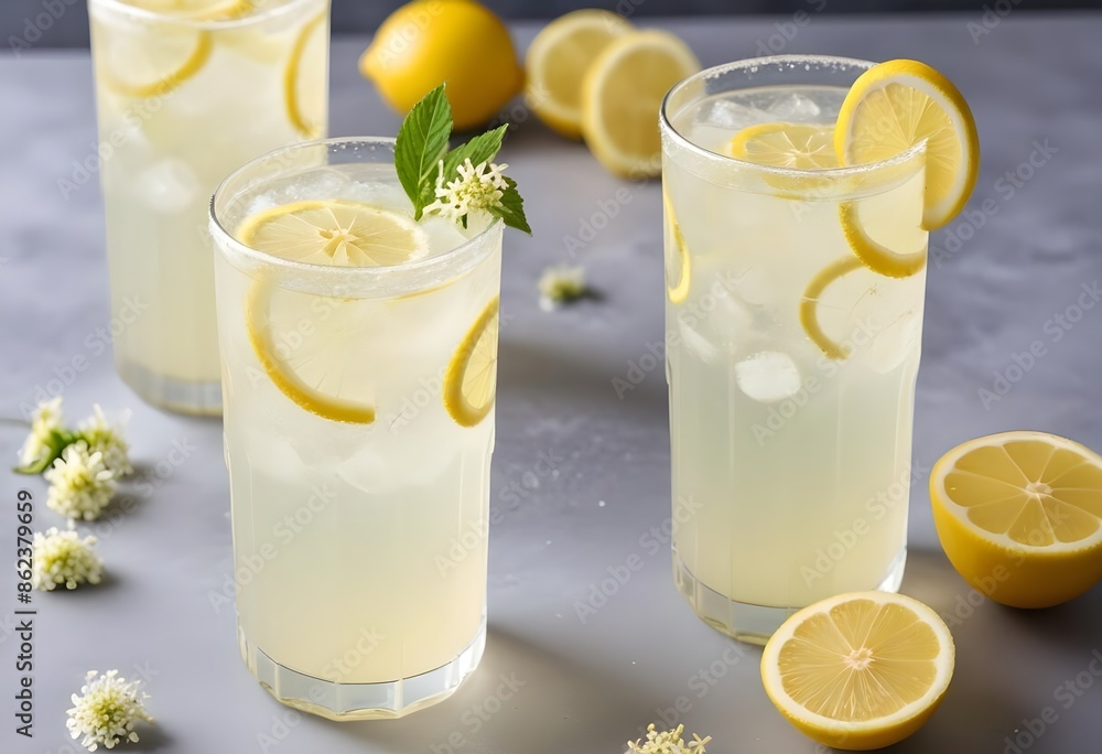A tempting glass of sparkling lemonade with elderflower A tempting glass of sparkling lemonade with elderflower