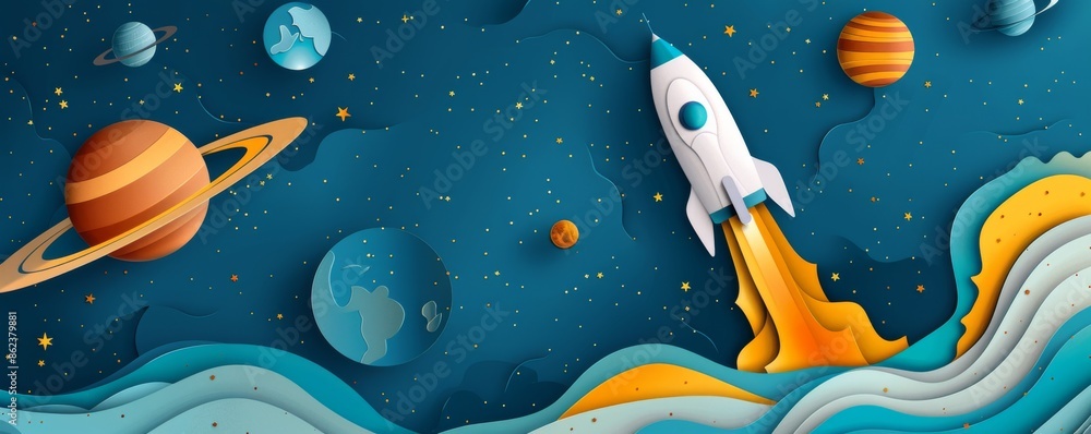 Rocket launching into outer space with vibrant planets and stars in the background Rocket launching into outer space with vibrant planets and stars in the background