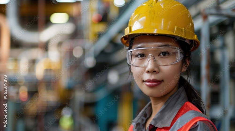 A professional female engineer wearing a safety suit and hard helmet stands confidently working on an industrial roof. A professional female engineer wearing a safety suit and hard helmet stands confidently working on an industrial roof.