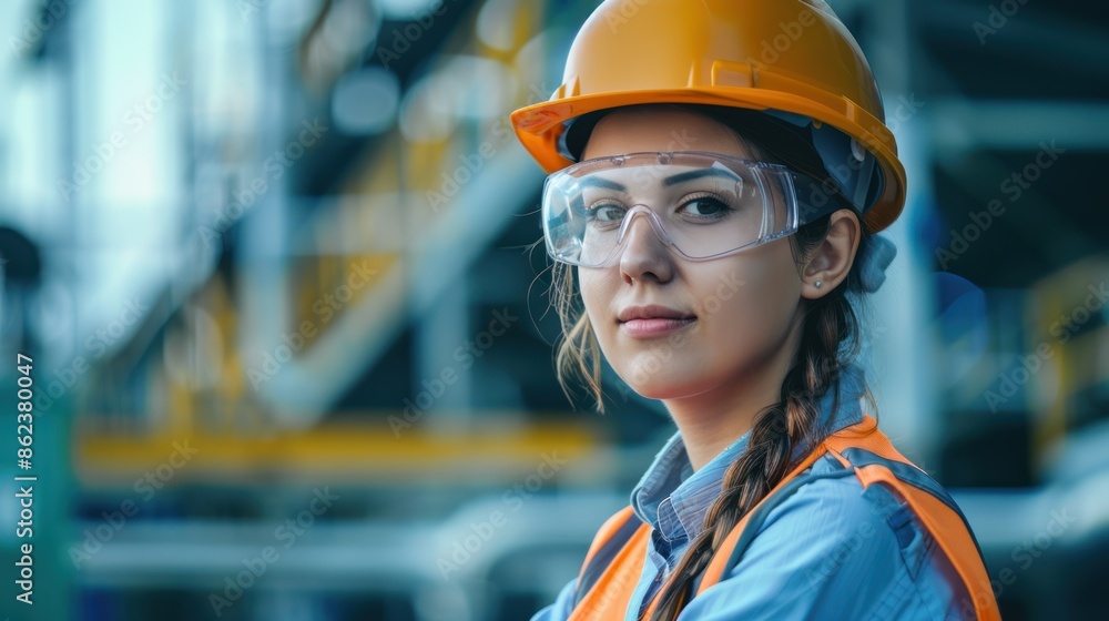 A professional female engineer wearing a safety suit and hard helmet stands confidently working on an industrial roof. A professional female engineer wearing a safety suit and hard helmet stands confidently working on an industrial roof.