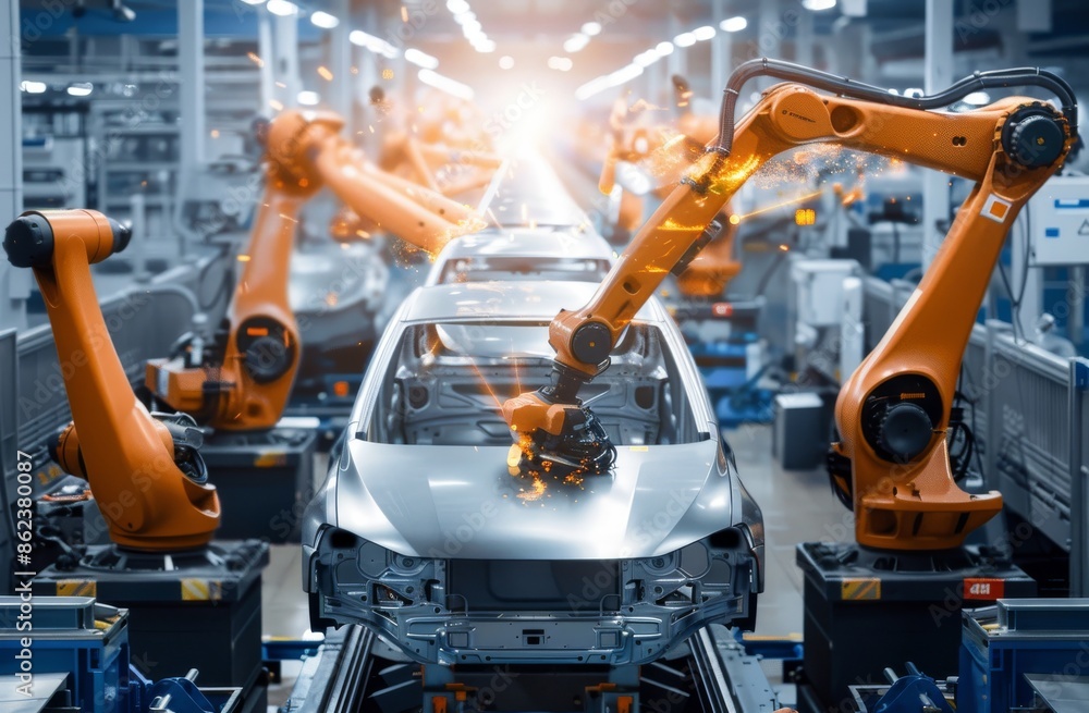 Automated robotic arms assembling car frames on a modern production line Automated robotic arms assembling car frames on a modern production line