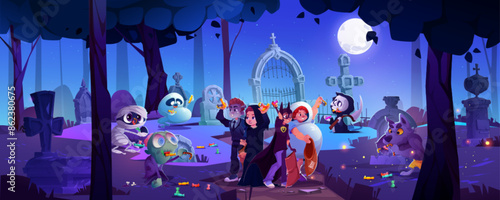 Children defend on night graveyard and throw candy cartoon background. Spooky forest with tombstone and undead animal landscape illustration. 2d comic helloween design with tomb and moonlight for game