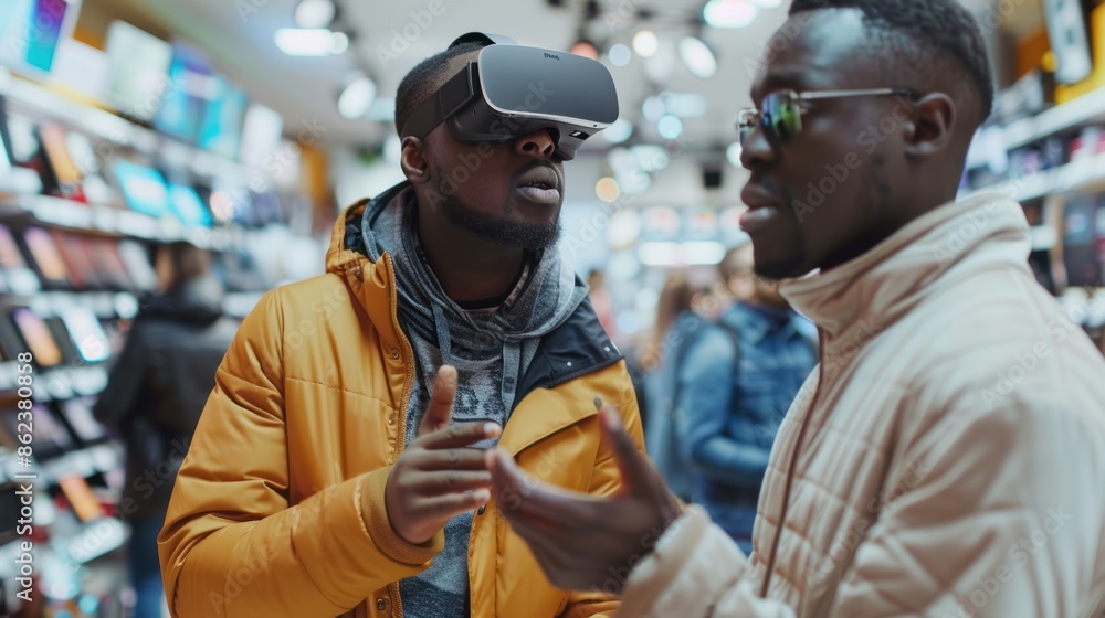 A stylish young man is interested in purchasing a virtual reality headset. In leading department stores A stylish young man is interested in purchasing a virtual reality headset. In leading department stores