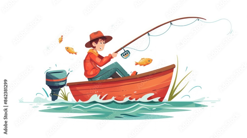 A young man sitting fishing on a boat, white background illustration A young man sitting fishing on a boat, white background illustration