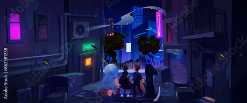 Night city back street alley and children on Halloween cartoon background. Kids group together in spooky costume on downtown sidewalk area. Dark alleyway of neighborhood game illustration design