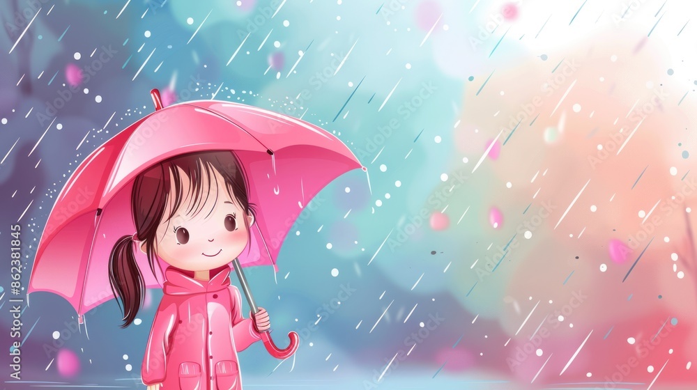 Fototapeta premium A cute little girl wearing a raincoat holds an open umbrella.