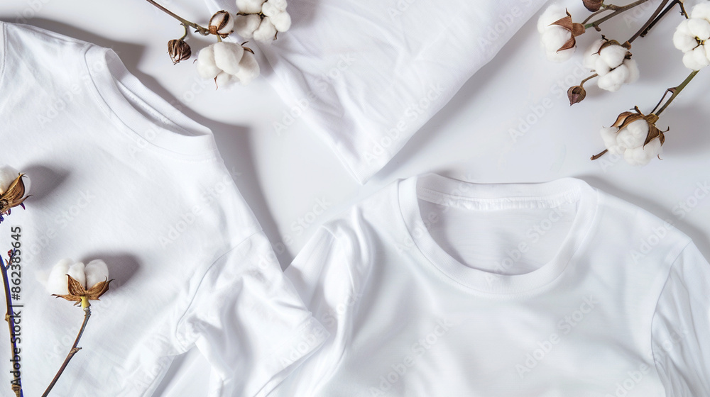 A series of minimalist images featuring plain white T-shirts accompanied by sprigs of cotton flowers, set against a clean, white background, emphasizing simplicity and natural materials. A series of minimalist images featuring plain white T-shirts accompanied by sprigs of cotton flowers, set against a clean, white background, emphasizing simplicity and natural materials.