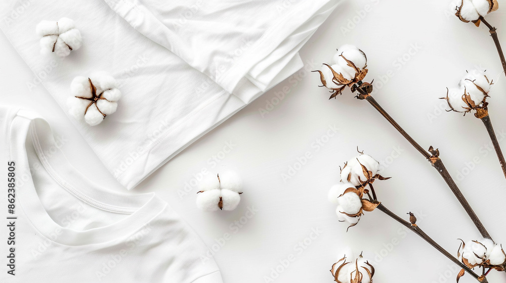 A series of minimalist images featuring plain white T-shirts accompanied by sprigs of cotton flowers, set against a clean, white background, emphasizing simplicity and natural materials. A series of minimalist images featuring plain white T-shirts accompanied by sprigs of cotton flowers, set against a clean, white background, emphasizing simplicity and natural materials.