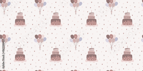 Children's seamless pattern for birthday, wallpaper, fabric, bed linen design. Illustration of a bouquet of balloons and cake in flat style. Vector illustration.
