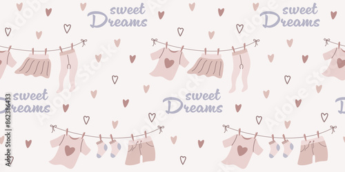 Children's seamless pattern for birthday, wallpaper, fabric, bed linen design. Illustration of baby clothes on a clothesline in flat style. Vector illustration.
