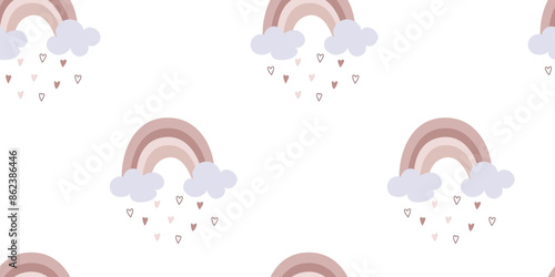 Children's seamless pattern for birthday, wallpaper, fabric, bed linen design. Illustration of a cute rainbow with clouds and rain in flat style. Vector illustration.
