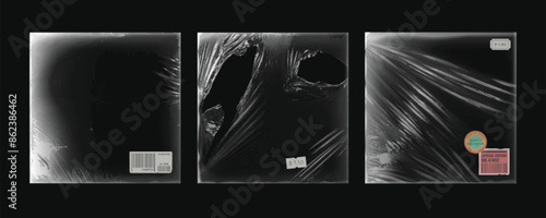 Vinyl cd album cover overlay for music record on black background. Vintage worn plastic wrap package design mockup. Transparent retro abstract tear disk pack template set. Rough poster border