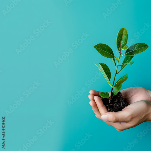 Hands holding a young plant with soil against a teal background, symbolizing growth, care, and environmental conservation. photo