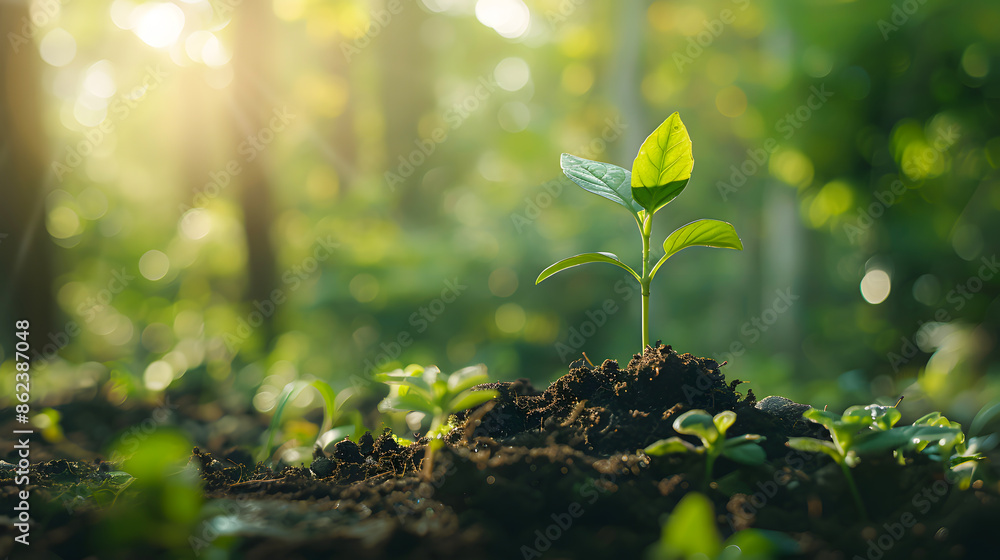 A small green plant seedling sprouting from fertile soil in a sunlit forest, symbolizing new beginnings, growth, and sustainability. A small green plant seedling sprouting from fertile soil in a sunlit forest, symbolizing new beginnings, growth, and sustainability.