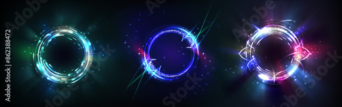 Neon halo effect light. Circle ring glow with blue flare. 3d round speed portal with magic energy. Radial hologram frame with beam and vortex for nightclub party. Visual electric shine sphere