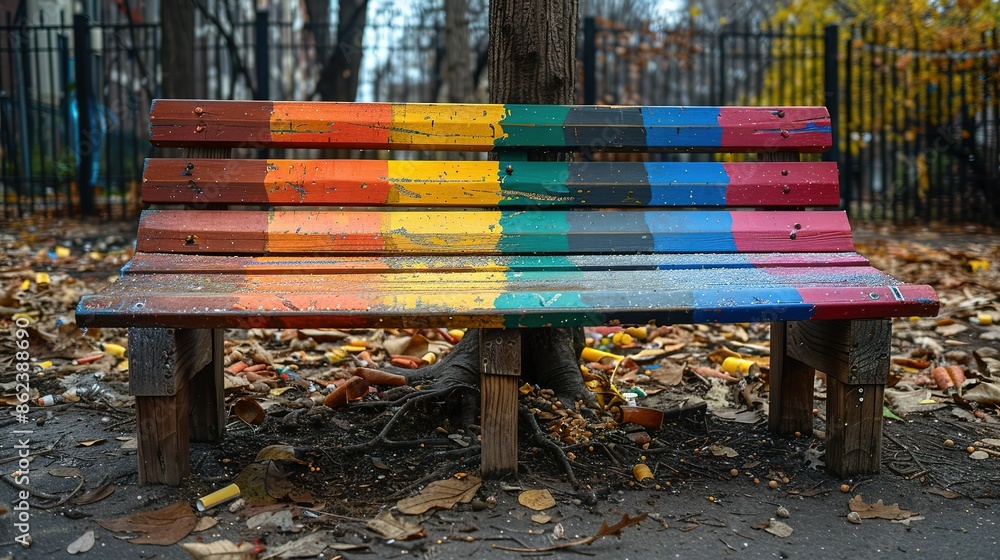 Colorful Bench Under Tree in Playground Setting Colorful Bench Under Tree in Playground Setting
