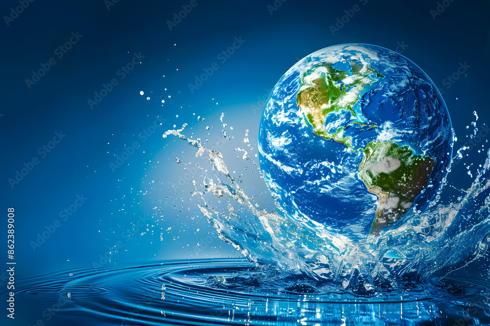 Fototapeta premium Stunning image of Earth surrounded by water splashes on a blue background, symbolizing global environmental awareness and sustainability.