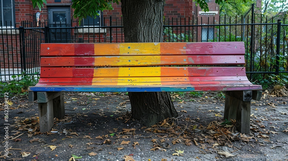 Rainbow-Colored Bench in School Playground Rainbow-Colored Bench in School Playground