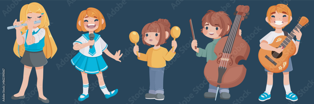Children playing musical instruments set isolated on background. Vector cartoon illustration of happy boys and girls performing on flute, maracas, contrabass, guitar, singing in microphone at concert Children playing musical instruments set isolated on background. Vector cartoon illustration of happy boys and girls performing on flute, maracas, contrabass, guitar, singing in microphone at concert