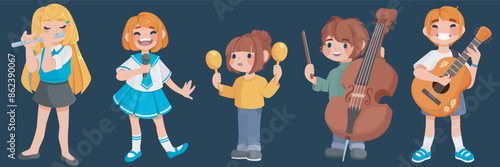 Children playing musical instruments set isolated on background. Vector cartoon illustration of happy boys and girls performing on flute, maracas, contrabass, guitar, singing in microphone at concert