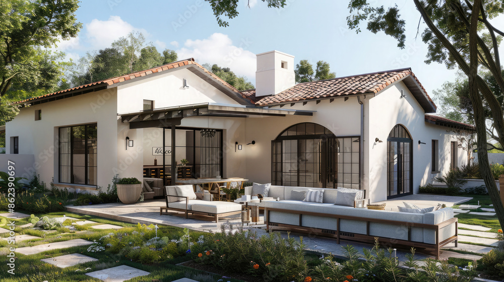 A stunning home showcase featuring an immaculate white exterior, complemented by a charming patio and a flourishing garden. The perfect blend of sophistication and outdoor allure. A stunning home showcase featuring an immaculate white exterior, complemented by a charming patio and a flourishing garden. The perfect blend of sophistication and outdoor allure.