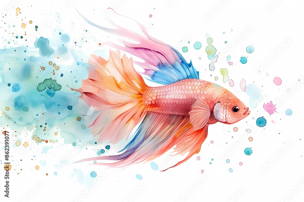 Fototapeta premium Colorful Betta fish with watercolor splatter background.