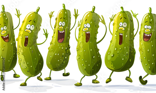 A quirky scene unfolds as a unique group of pickles, with arms and legs, showcase their artistry by dancing together in a natural foods event