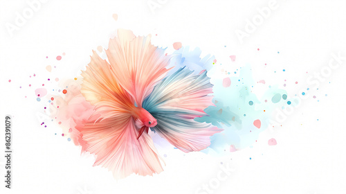 Abstract watercolor painting of a colorful betta fish with splashes of paint.