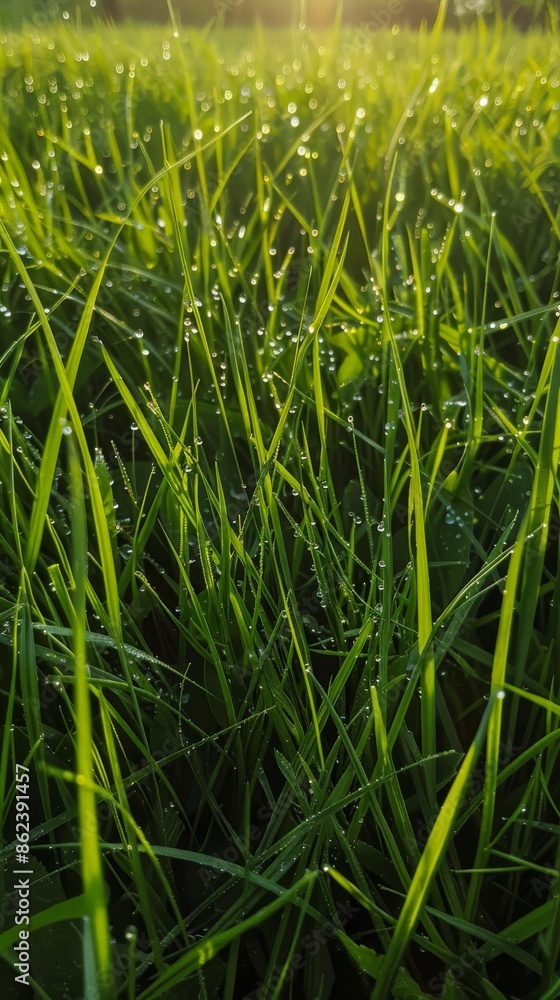 Fototapeta premium dewy green grass close-up with sunlight, nature background