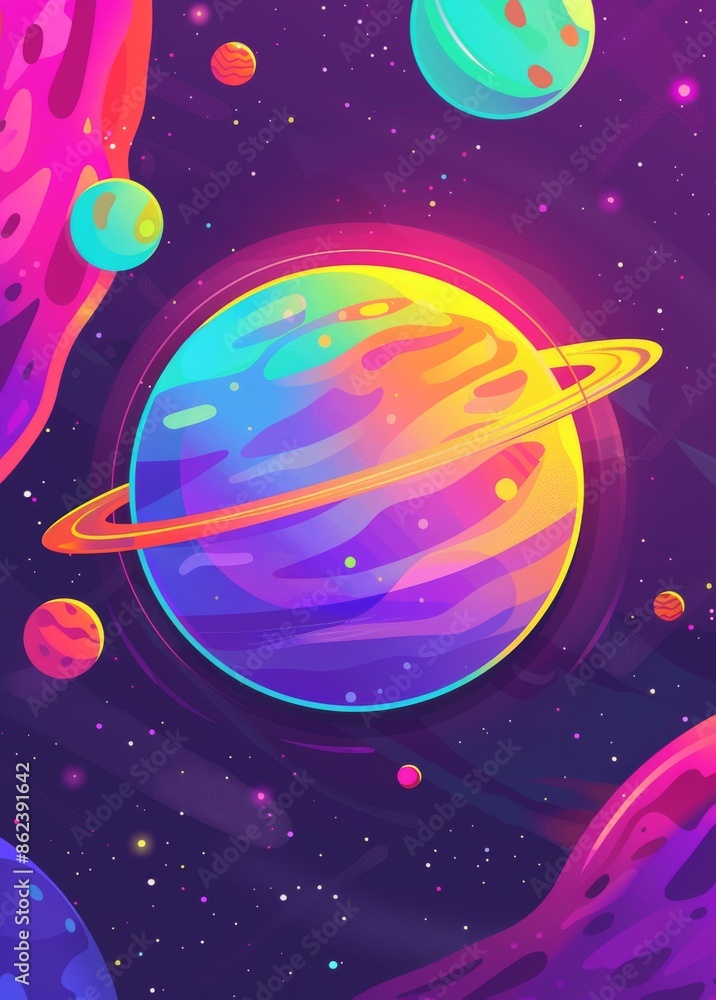 Naklejka premium Colorful illustration of fantasy planets in a vibrant galaxy