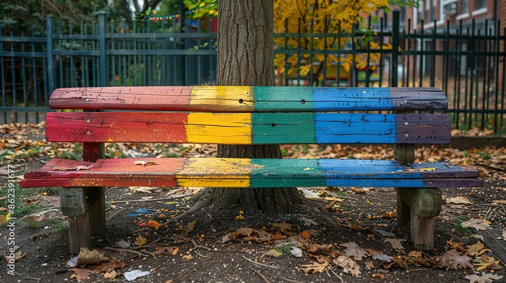 Rainbow-Colored Seating Under Tree at School Play Area Rainbow-Colored Seating Under Tree at School Play Area