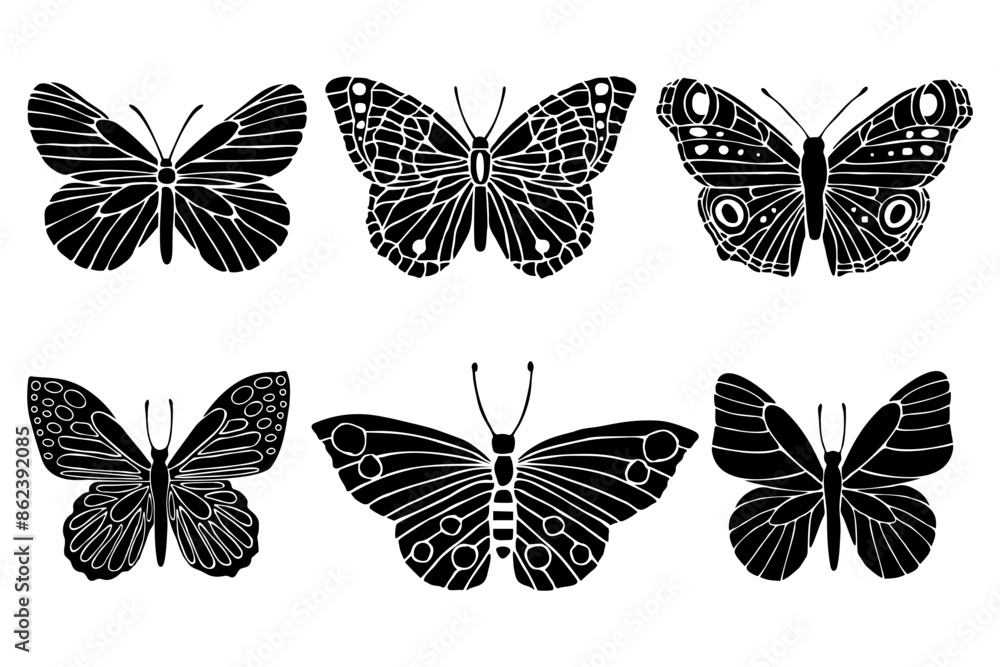 Set of vector sketches of butterflies. Hand drawn silhouette of insects with black ink drawn on isolated background. Monochrome graphic drawing in line art style for design, logo, tattoo, card Set of vector sketches of butterflies. Hand drawn silhouette of insects with black ink drawn on isolated background. Monochrome graphic drawing in line art style for design, logo, tattoo, card
