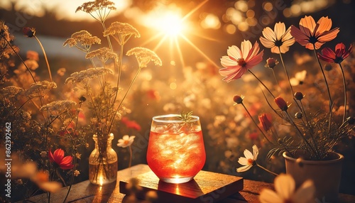 A serene and picturesque scene of a glass of Rosita Cocktail drink set outdoors in a flower field photo