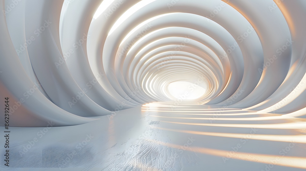Fototapeta premium Close-up of a 3D room with a white background and subtle lighting, featuring an abstract floor pattern that gives a sense of depth and tunnel-like space.