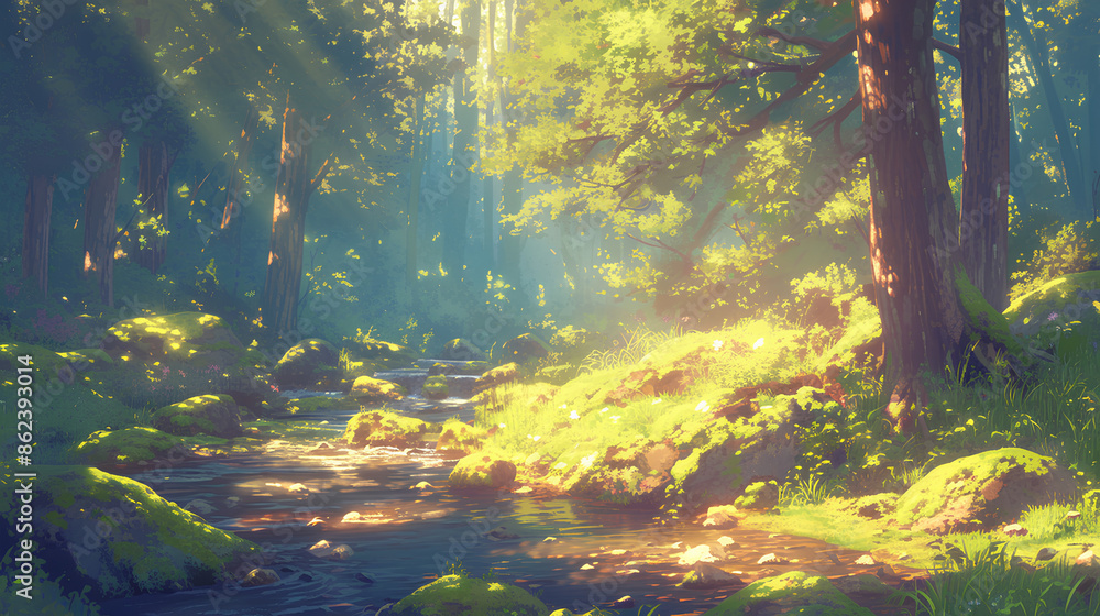 stream flows through a hardwood forest with dappled sunlight stream flows through a hardwood forest with dappled sunlight