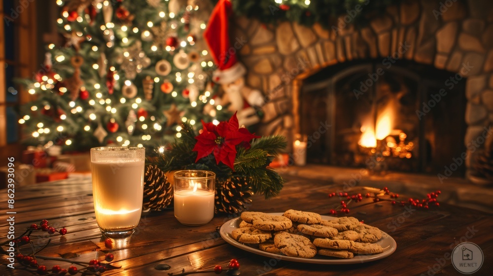 festive holiday scene a beautifully decorated Christmas tree a plate of cookies and a glass of milk waiting for Santa Claus. festive holiday scene a beautifully decorated Christmas tree a plate of cookies and a glass of milk waiting for Santa Claus.