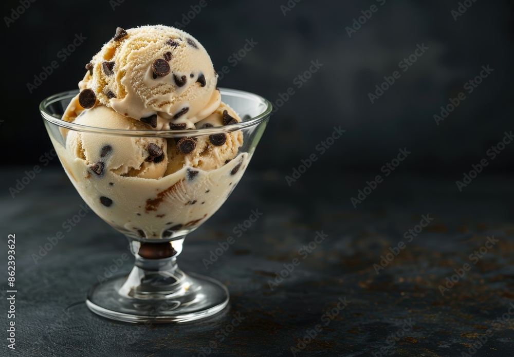 Delicious chocolate chip ice cream in a glass bowl Delicious chocolate chip ice cream in a glass bowl