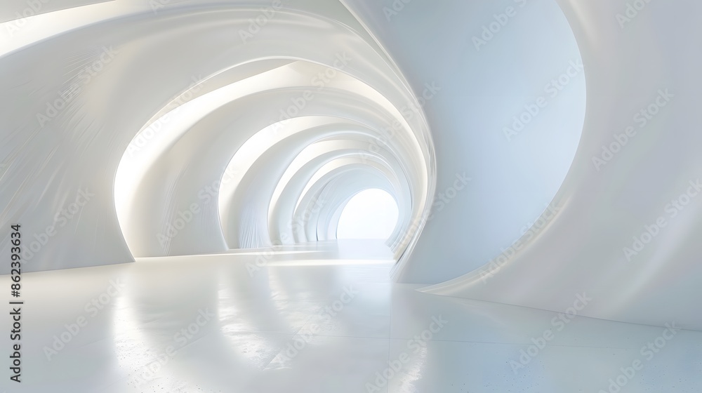 Fototapeta premium Conceptual 3D rendering of a room with a white background, featuring smooth, curving lines and strategic lighting to create an abstract tunnel effect.