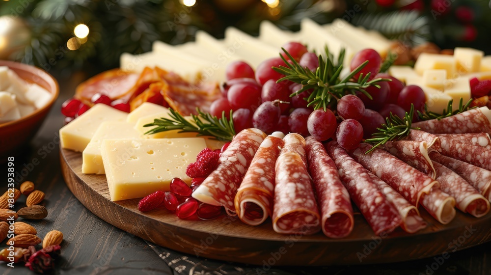 Festive Christmas charcuterie board with meats, cheeses, and fruits Festive Christmas charcuterie board with meats, cheeses, and fruits