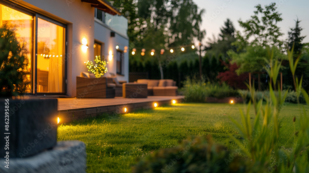 Beautiful Summer evening on the patio of beautiful suburban house with garden ai generative Beautiful Summer evening on the patio of beautiful suburban house with garden ai generative