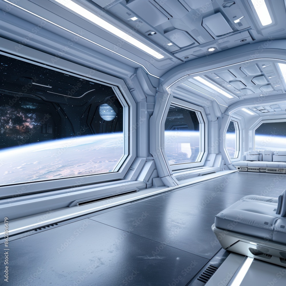 Futuristic spacecraft interior with view of earth and space Futuristic spacecraft interior with view of earth and space