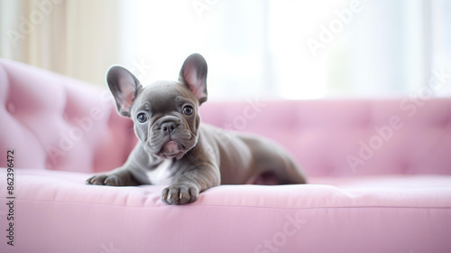 Adorable French bulldog relaxing on a cozy sofa in a stylish living room.