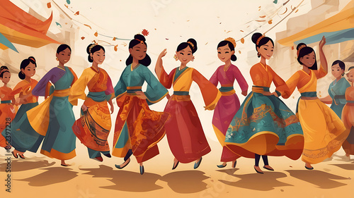 A vibrant cultural festival, with traditional costumes, dances, and performances. Focus on the richness of the culture and the community's participation, abstract cartoon illustrative