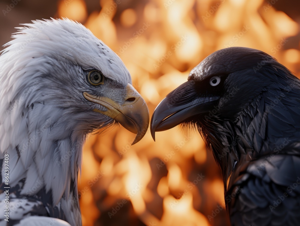 Obraz premium Majestic bald eagle and raven face off